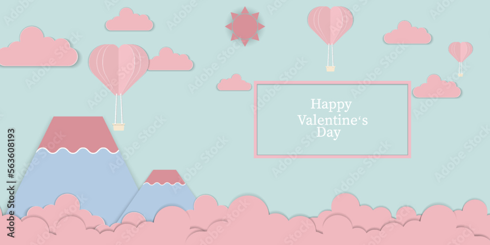 Pink heart balloon on sky with clouds on blue background , pastel paper cut style , Vector illustration ,love and Valentine's day Concept
