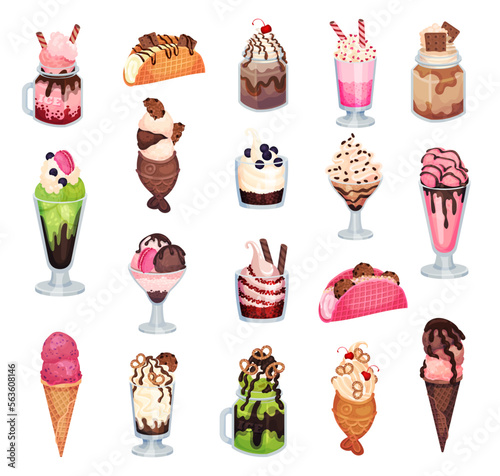 Ice Cream Cold Dessert in Glass and Waffle Cone Big Vector Set