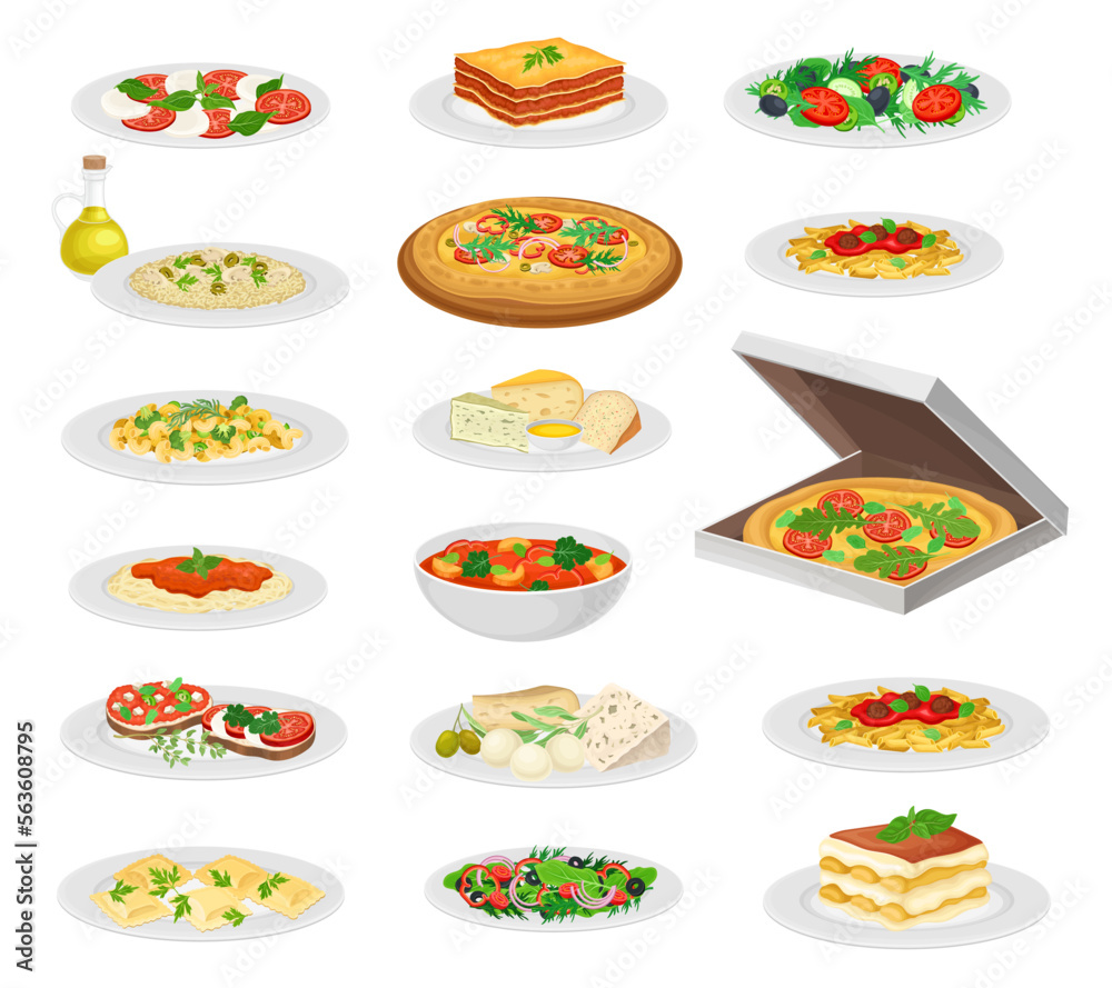 Italian Food and Dishes Served on Plate Big Vector Set Italian Food and Dishes Served on Plate Big Vector Set