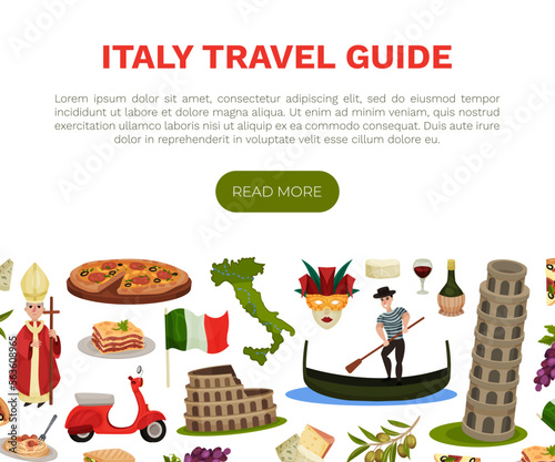 Travel to Italy Banner Design with Traditional Symbols Vector Template