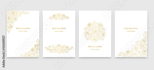 薔薇の花の装飾デザイン, カードのテンプレートセット, 白背景に金色のイラスト. 結婚式, バレンタイン, 記念日, お祝いのコンセプト.