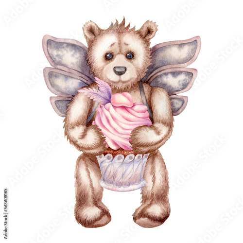 Fototapeta Naklejka Na Ścianę i Meble -  Watercolor hand drawn teddy bear - an angel with pink cupcake for Valentine's Day, birthday, wedding. Elements isolated on white background

