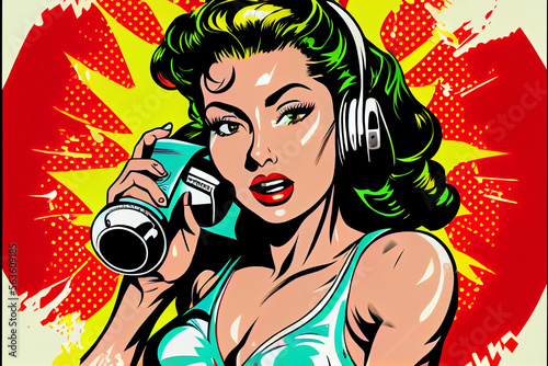  Sexy Pin-up Frau mit einem Telefonhörer am telefonieren. Bunter Hintergrund in Pop-Art Retro-Comic-Stil - Generative Ai © Sarah
