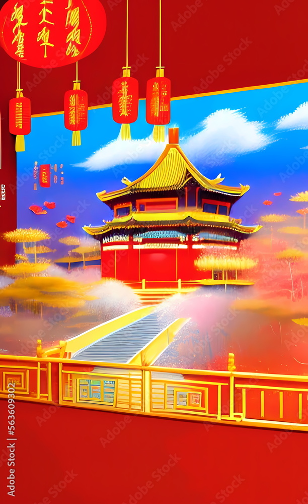 Fototapeta premium Red Chinese royal scene background created by generative AI, AI generated