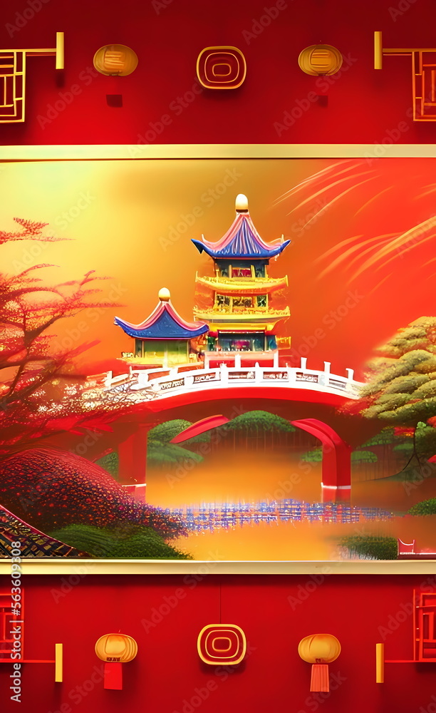 Fototapeta premium Red Chinese royal scene background created by generative AI, AI generated