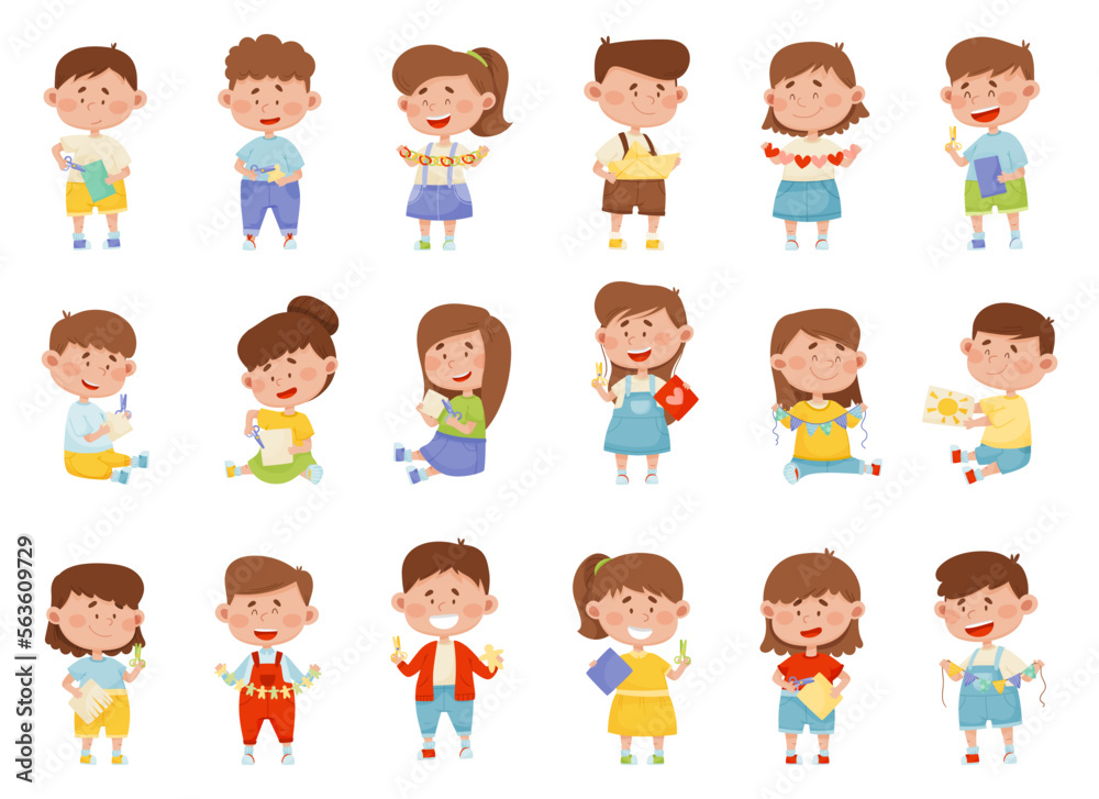 Creative Boy and Girl Making Paper Applique as Handcrafted Item Big Vector Set Creative Boy and Girl Making Paper Applique as Handcrafted Item Big Vector Set