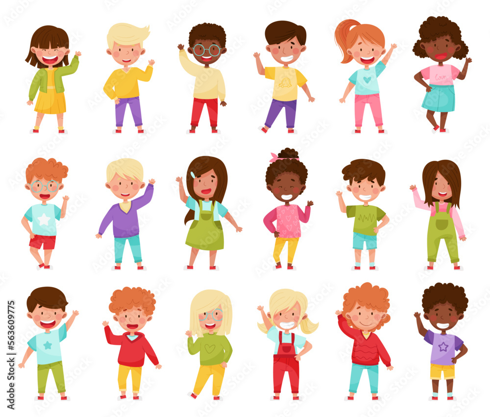 Smiling Boy and Girl Characters Greeting Waving Hand and Saying Hi Big Vector Set Smiling Boy and Girl Characters Greeting Waving Hand and Saying Hi Big Vector Set