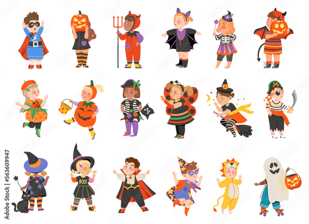 Kids in Halloween Costumes Celebrating Holiday Party Big Vector Set Kids in Halloween Costumes Celebrating Holiday Party Big Vector Set