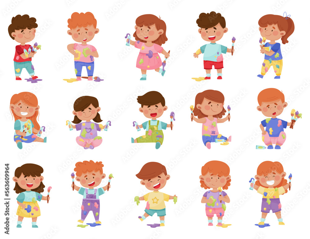 Kids Painters with Paint Splashes, Blobs and Brush Big Vector Set Kids Painters with Paint Splashes, Blobs and Brush Big Vector Set