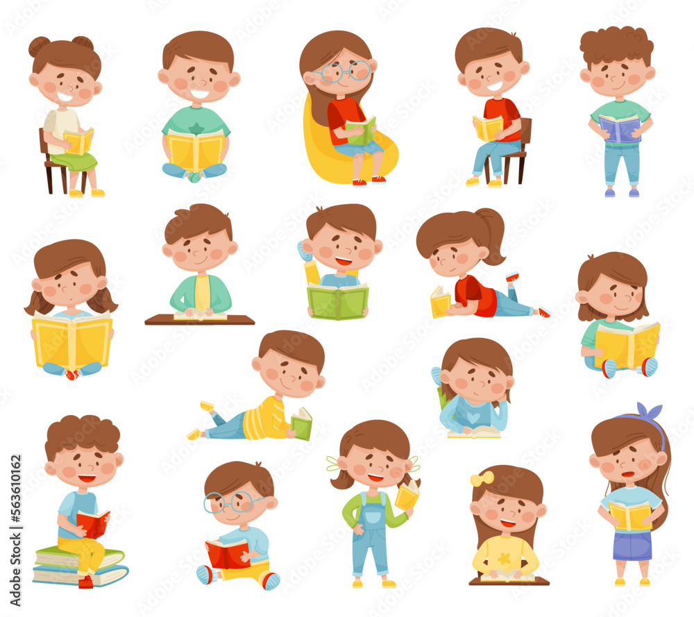 Kids Reading Books and Enjoying Literature Big Vector Set Kids Reading Books and Enjoying Literature Big Vector Set