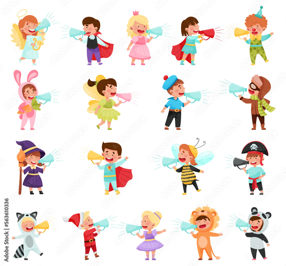 Kid Characters Wearing Fancy Dress or Costume Talking Megaphone or Loudspeaker Big Vector Set