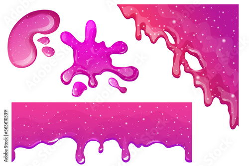 Set Slime purple and pink, jelly glaze with drips and glitter in cartoon style seamless isolated on white background.