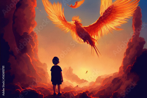 The child is looking at the big phoenix bird flying above him, Generative AI