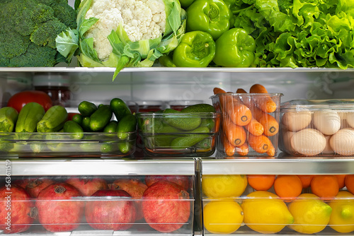 Photography Open fridge full of fresh fruits and vegetables, healthy food background, organi