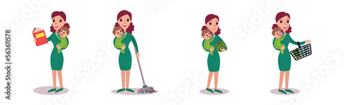 Woman Housewife Doing Housework and Housekeeping Vector Set