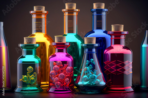 Laboratory, chemical glassware of different shape and color, ai illustration