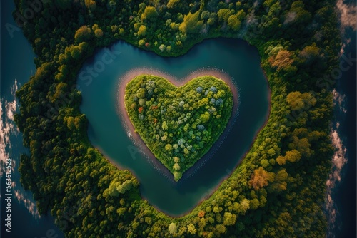 Beautiful aereal view of a meander with heart shape. Love concept. Generative AI