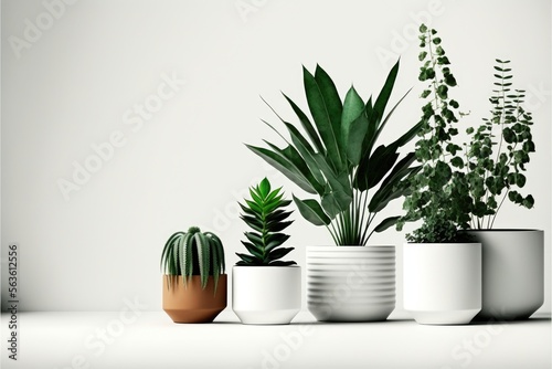 Plants in ceramic pots. Variety of species to use as decoration. Isolated on a white background. Generative AI