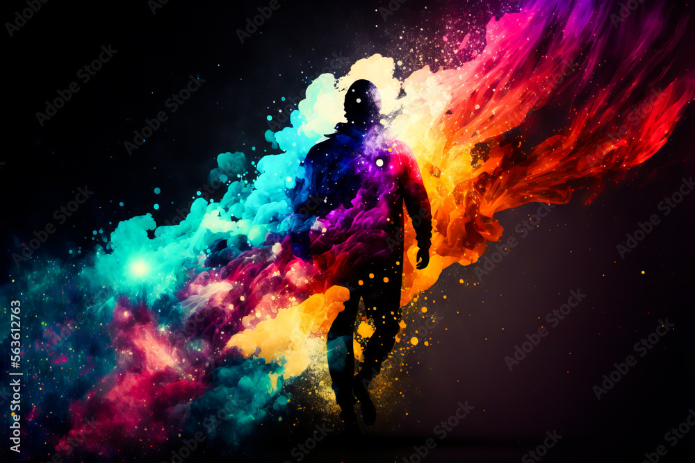 Naklejka premium Male walk in abstract multi color paint explosion on black background. Freeze motion male walking through paint splash. Paint clouds with person silhouette on black background, Generative AI.