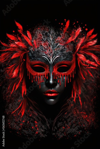 Amazing red female mask with long feathers on a black background. Generative AI
