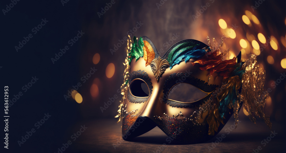 A luxurious golden mask with feathers on a black background. Generative AI - obrazy, fototapety, plakaty 