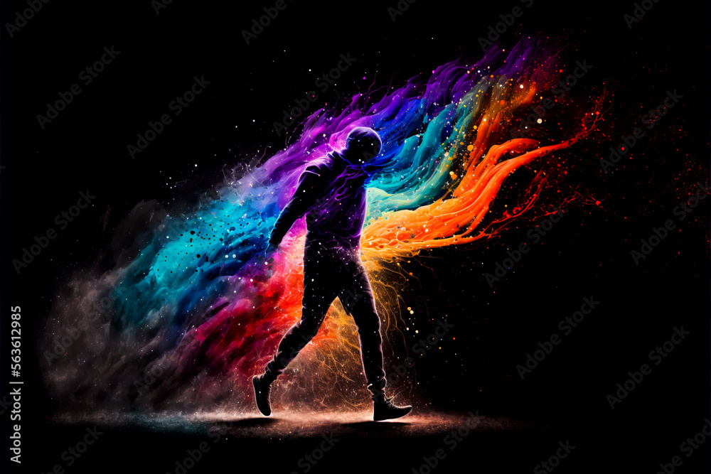 Male dance in abstract multi color paint explosion on black background. Freeze motion male dancing through paint splash. Paint clouds with person silhouette on black background illustration.