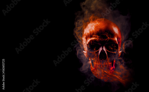 Human skull surrounded red smoke on black background, Generative AI. Harm of smoking, Halloween party or horror background, card or banner.