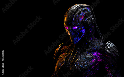 Sci-fi warrior stands tall in a cybernetic suit, glowing with neon lights on a dark background. Power of technology and the future of warfare. Futuristic military or game background, Generative AI.