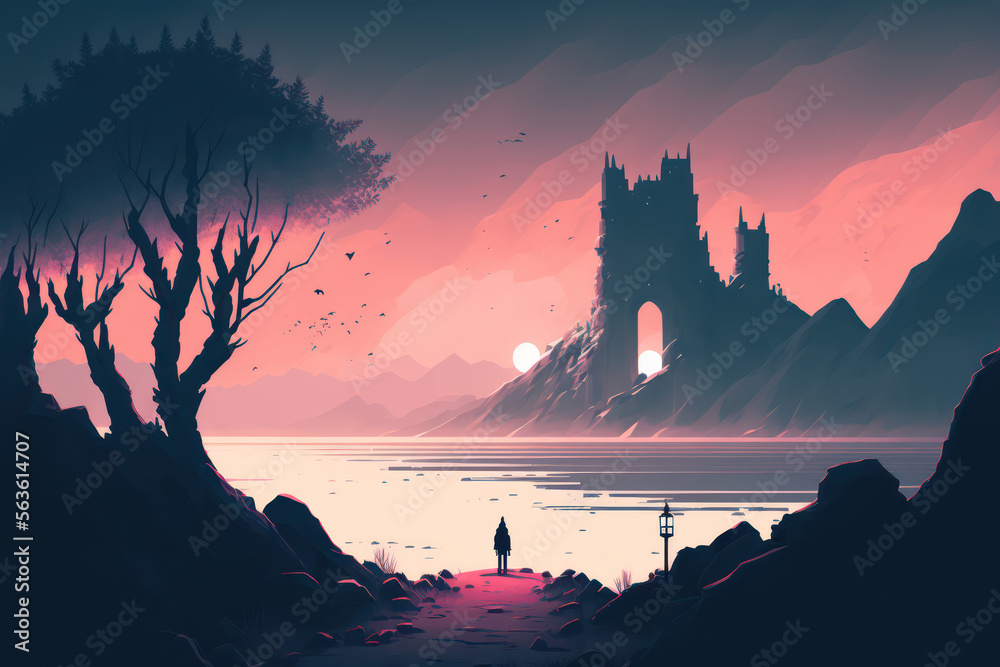 Obraz premium Generative AI illustration of conceptual art image of minimalist alien planet with limited color pallette and unusual landscape and plant life