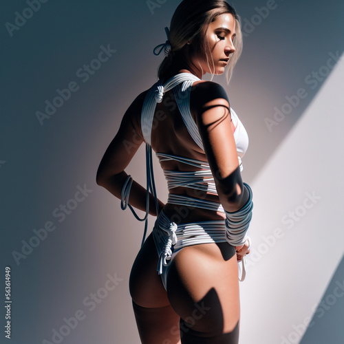 A sexy woman with a perfect body associated in Bondage. A beautiful athletic girl in underwear. A woman who likes BDSM games. Dominant woman. A woman tied up with ropes. Generative AI - Fictional Pers