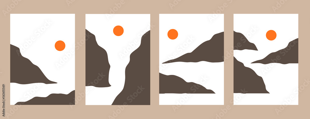 Mountain landscape poster design. Set of natural abstract backgrounds, hills, sun, silhouettes. Vector illustration