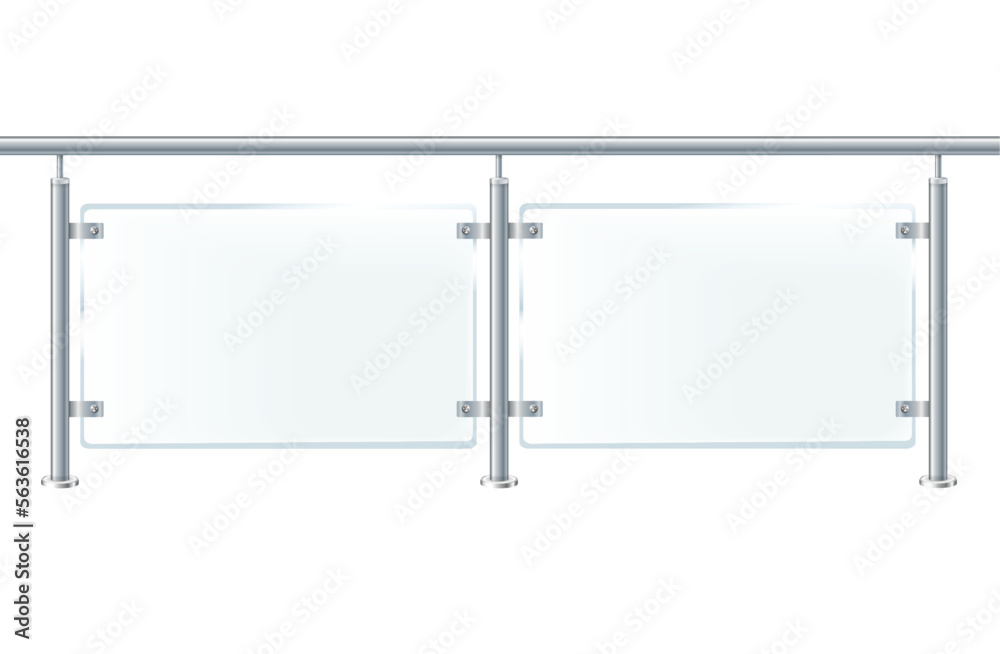 Obraz premium Glass or plexiglass fence with banisters. Architectural guardrail for balcony or office terrace.