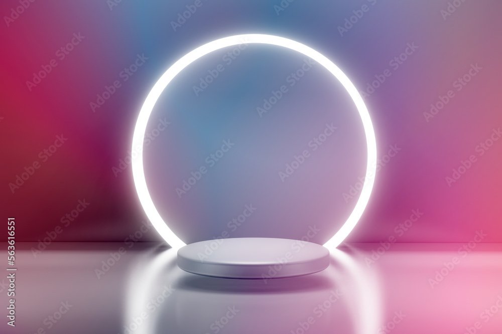Abstract background in futuristic color style and geometric white podium platform for products presentation. 3D Render illustration. Abstract background in futuristic color style and geometric white podium platform for products presentation. 3D Render illustration.