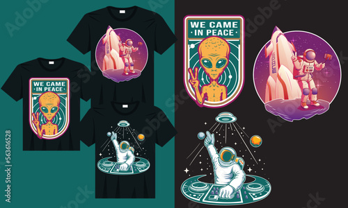 Vintage alien t-shirt set, Astronaut disc jockey electronic music illustration, Astronaut making selfie on the moon