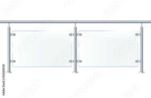 Glass or plexiglass fence with banisters. Architectural guardrail for balcony or office terrace.