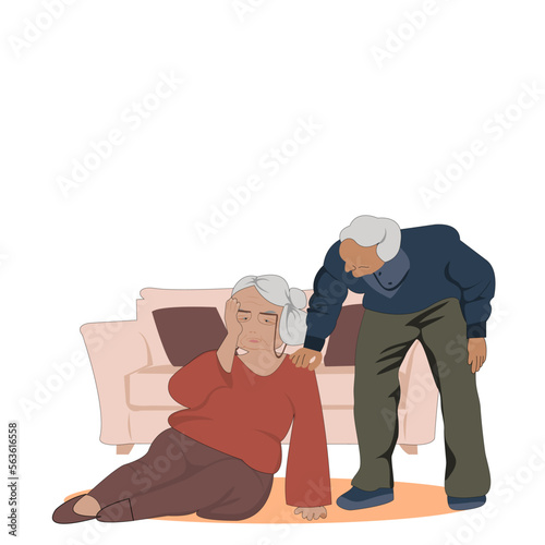 Old man taking care of Old woman man falling accident in living room. Elderly woman man dropping from sofa (settee, also couch).Vector flat illustration characters design concept for Home care service photo