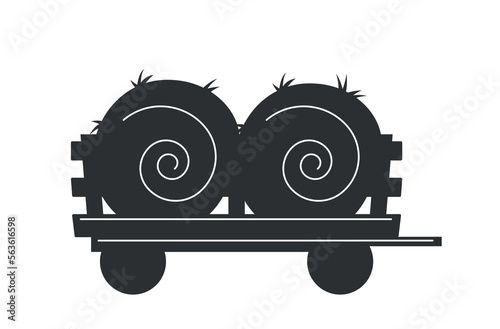Icon with hay. Dark silhouette with wooden wheelbarrow or cart with rolled haystacks. Agriculture or farming. Design element for logo. Cartoon flat vector illustration isolated on white background