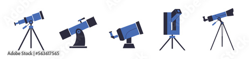 Modern portable astronomer telescopes. Scientific equipment spyglass, binoculars vector icons. Optical device to explore, discover galaxy, cosmos, space  illustration on white background