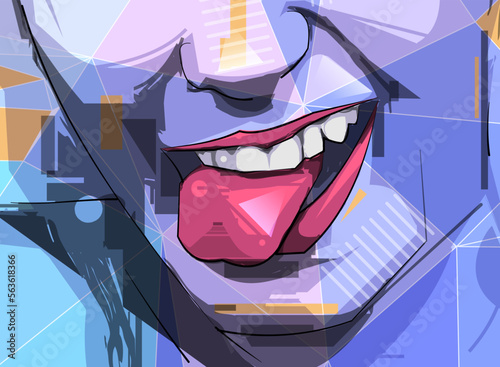 Abstract Illustration person vector art. Woman - female portrait. Model girl shows stick out her tongue. Beauty face young lady. Modern graphic design character for background, poster, fashion model