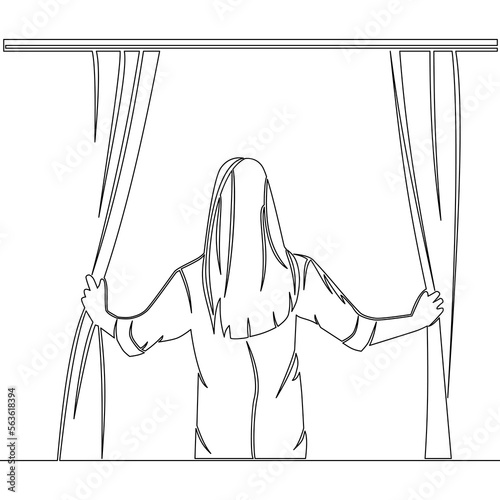 Continuous line drawing back view of woman standing and opening window curtains hope icon vector illustration concept