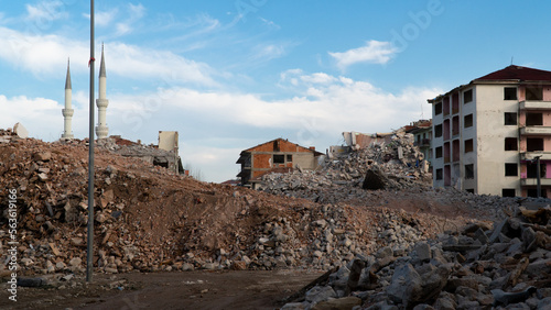Earthquake damage in a city. Destroyed buildings after an earthquake. Selective focus included