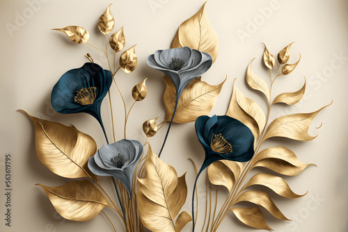 Fototapeta Naklejka Na Ścianę i Meble -  Elegant golden and blue flowers and branches on light background. Vintage floral decor for postcard. Fantastic plant 3d illustration