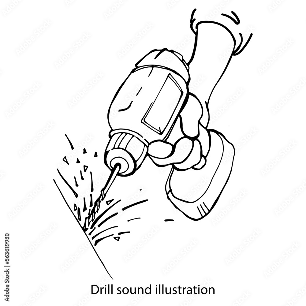 lustration of the sound of a drill. Graphic black and white isolated