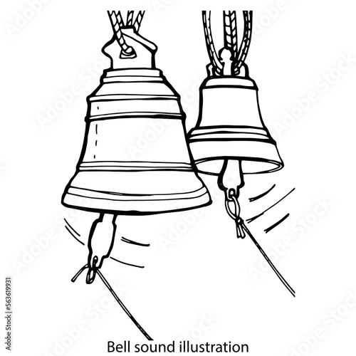 Illustration of the sound of ringing bells. Graphic black and white isolated drawing.The bells, the bell. Church bells.Festive chime of bells. Christianity, Catholicism, religion.