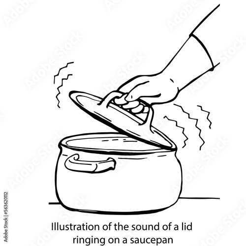 Illustration of the sound of a clinking lid on a saucepan.Graphic black and white isolated drawing.Cook food in a saucepan. Hand with lid. Close, cover.