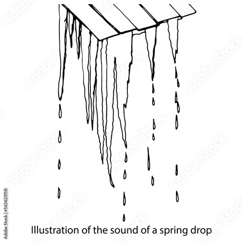 Illustration of the sound of a spring drop. Graphic black and white isolated drawing. Spring and ice melting. Icicles from the roof. Thaw in winter. Melting of icicles in spring.