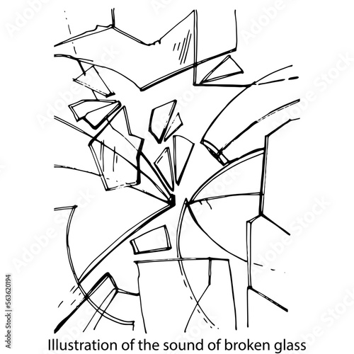 Illustration of the sound of broken glass. Graphic black and white isolated drawing. A window with broken glass. Cracked, Damaged glass. Fragments