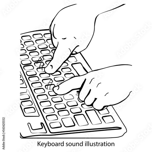 Keyboard sound illustration.Graphic black and white isolated drawing.Typing on the keyboard. Type text. Click your fingers on the keyboard.Print an article.