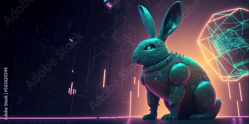 Futuristic cyborg easter rabbit, copy space.