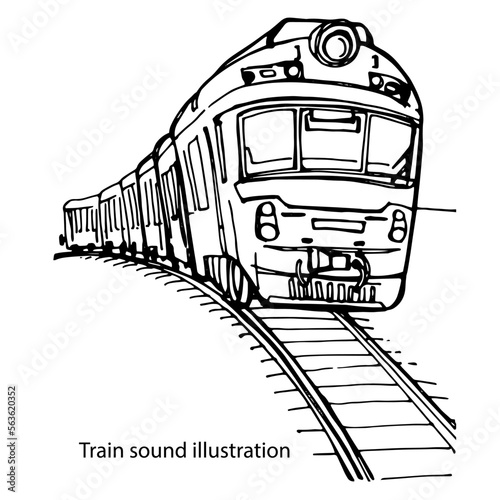 Illustration of the sound of a train. Graphic black and white isolated drawing.